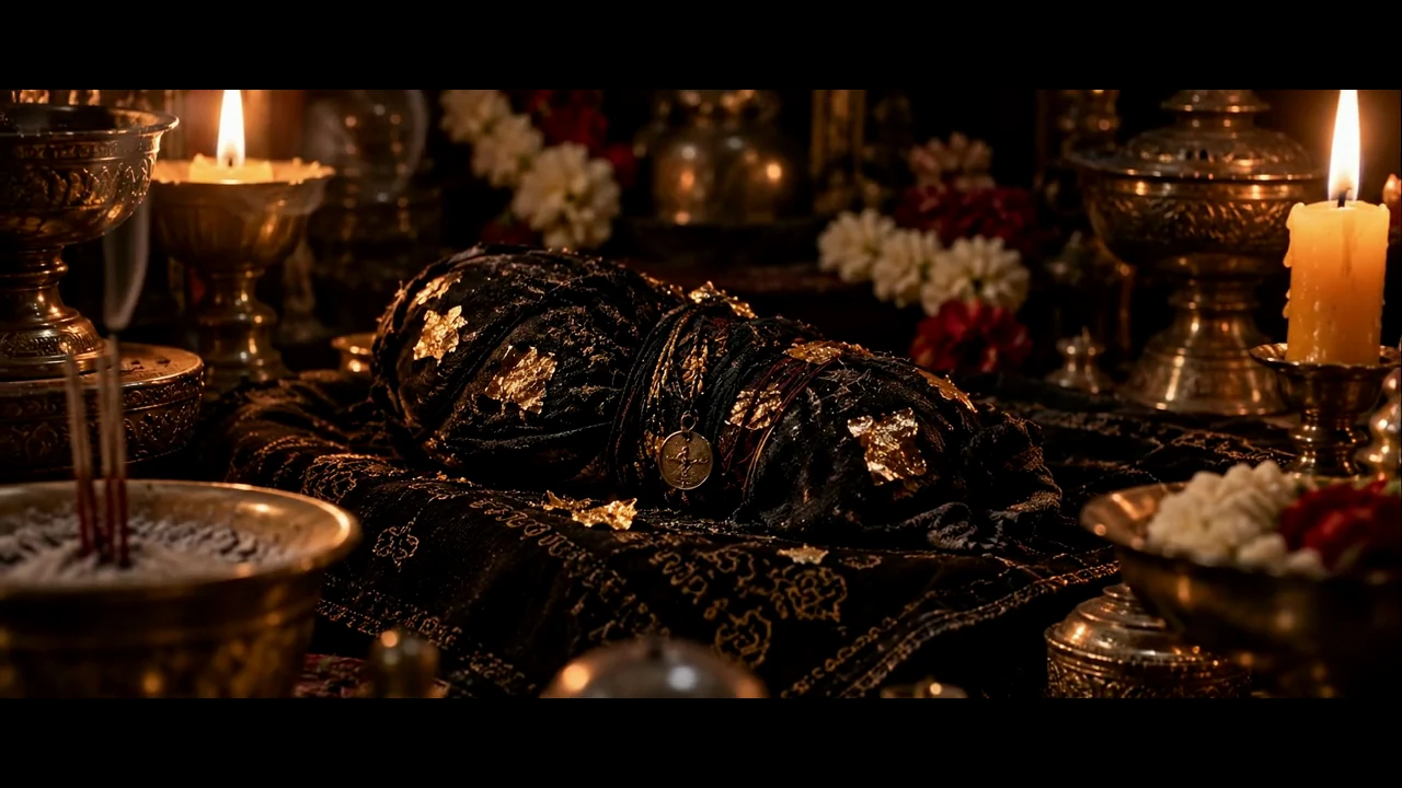 A dark ceremonial bundle resting on a candlelit shrine